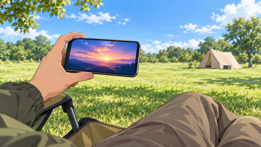 キャンプチェアに座りスマホで映画を楽しむ手元
