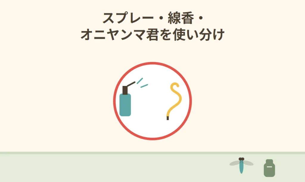 虫よけスプレーと虫よけ線香とオニヤンマ君