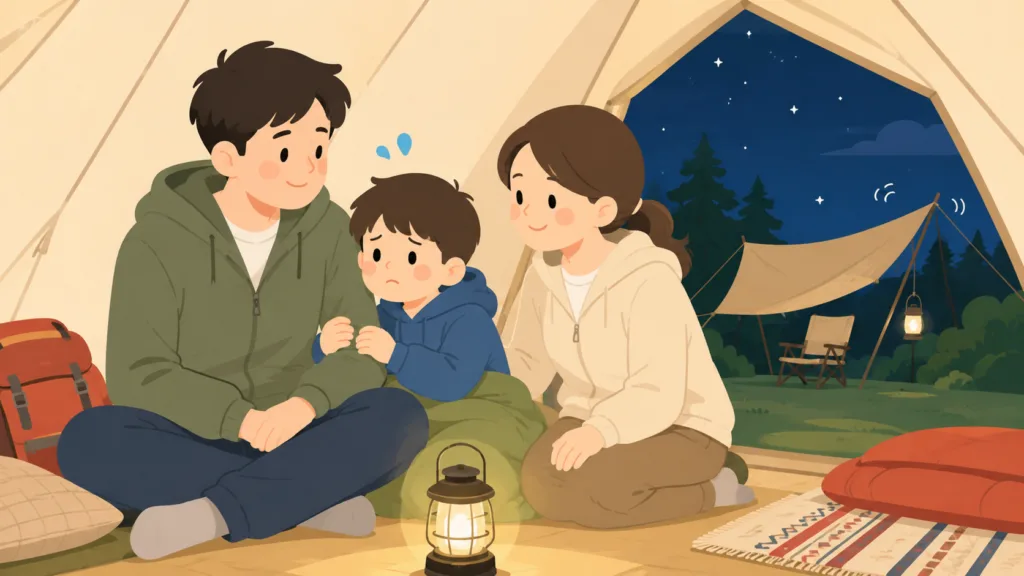 キャンプ場の夜にテントの中で父親につかまる不安そうな子供