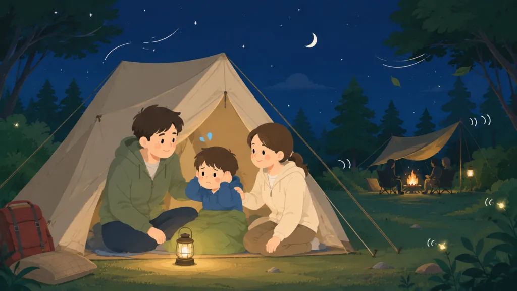 風や虫の音が気になりテント内で眠れない子供