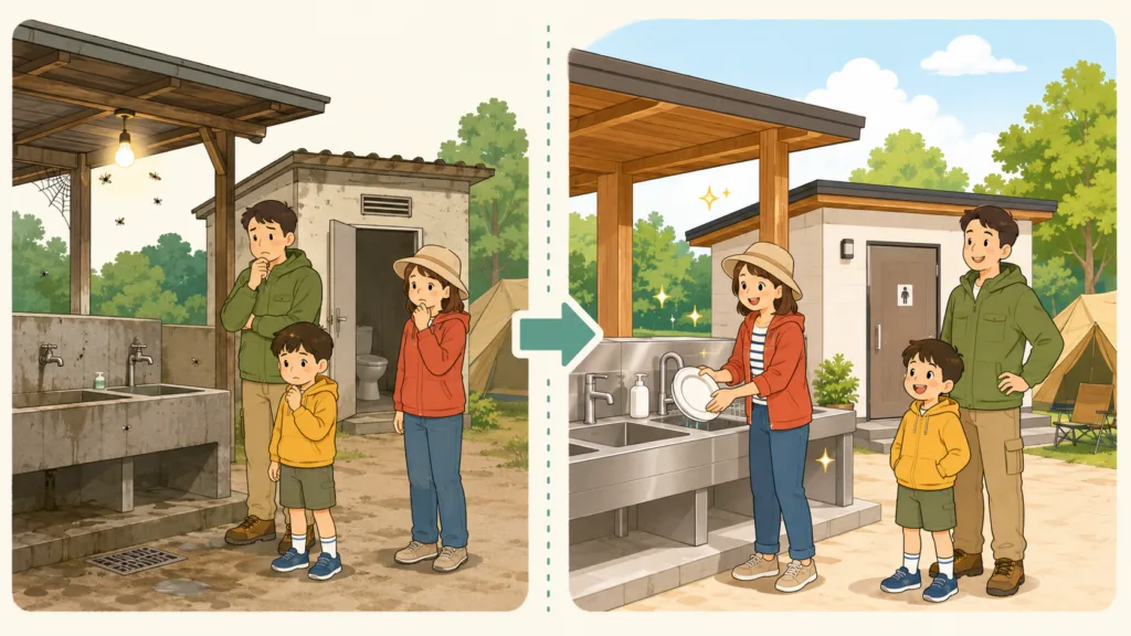 古いキャンプ場の水回りに困る家族と、清潔な水回りで安心して過ごす家族の比較イラスト