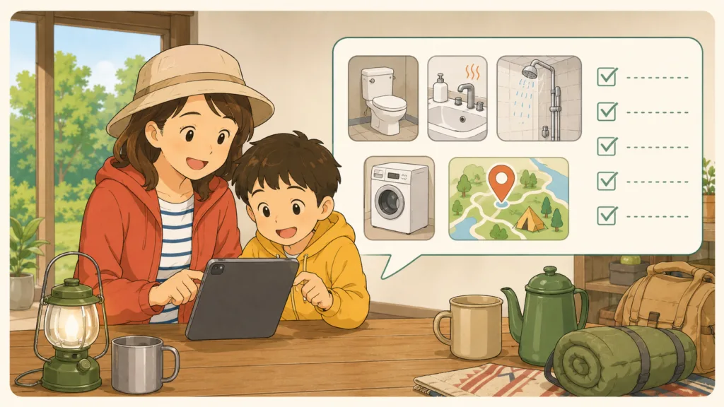キャンプ場選びで確認したい清潔なトイレ、炊事場、シャワー設備のイラスト