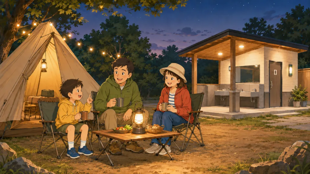 清潔な設備のあるキャンプ場で夜にくつろぐファミリーキャンプのイラスト