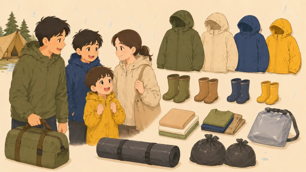 雨キャンプに備えるレインウェア・長靴・着替え・防水バッグなどの持ち物