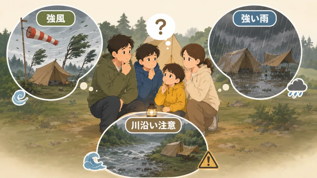 雨キャンプをキャンセルする強風・強い雨・川沿いサイトの3つの判断基準