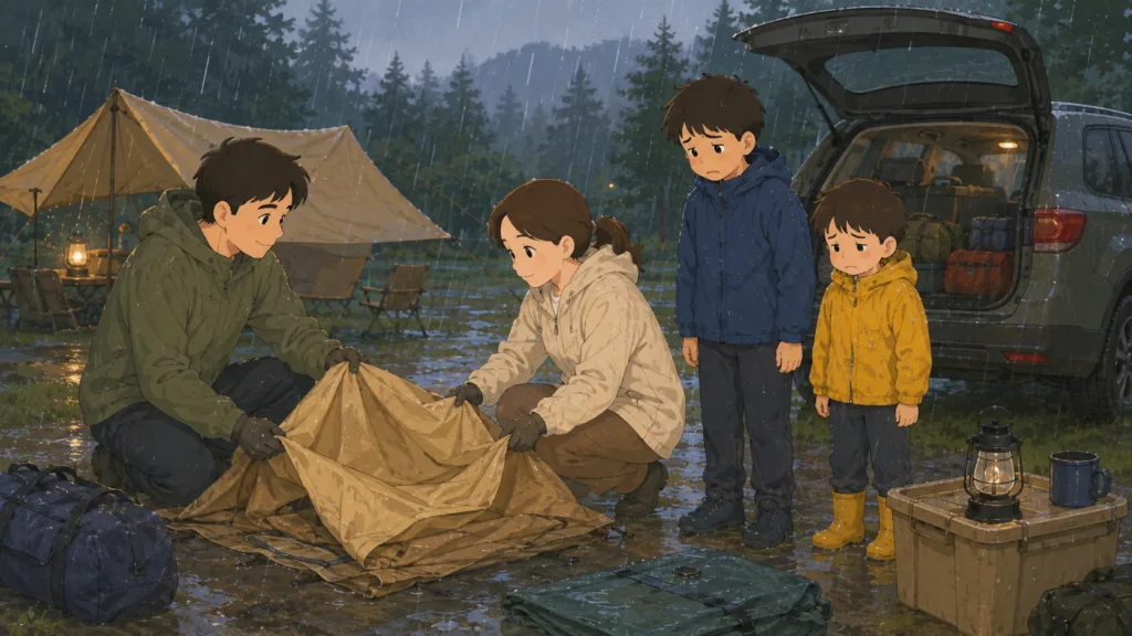 雨の中で濡れたテントを撤収する子連れファミリーキャンプの様子