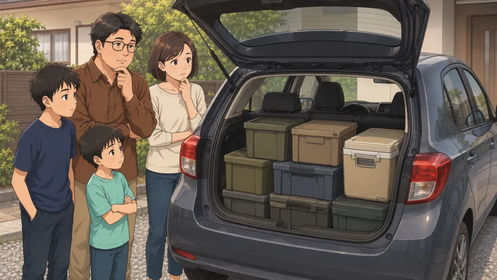 ハードコンテナが多く普通車のトランクにキャンプ荷物が収まりにくい家族