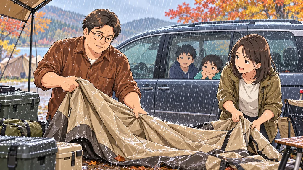 突然の大雨の中で濡れたテントを撤収する父母と車内で待つ子どもたち