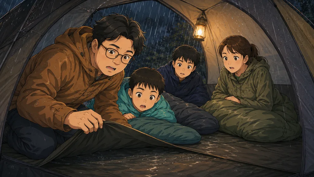秋キャンプの豪雨でテントの床と寝袋が濡れたことに気づく家族