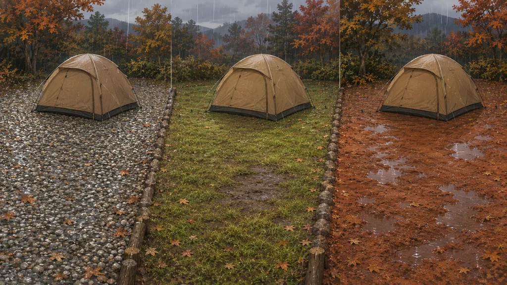 砂利・芝生・赤土のキャンプサイトにおける雨天時の水はけの違い