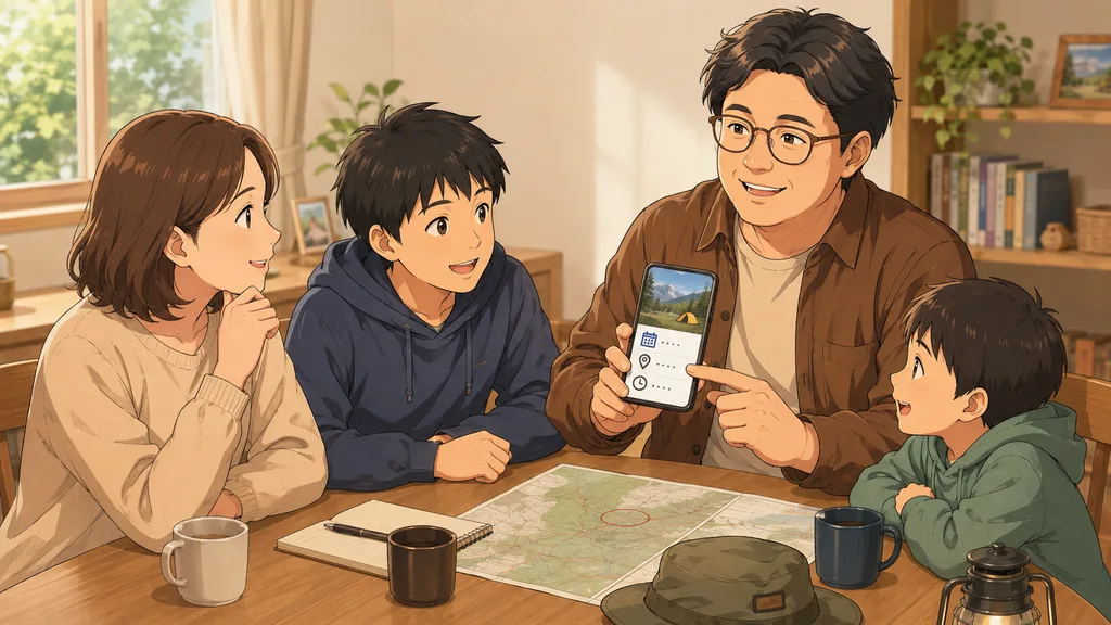 ソロキャンプの日程や場所を家族に説明する父親