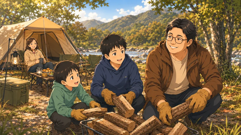 キャンプ設営を終えて息子たちと薪を集める父親