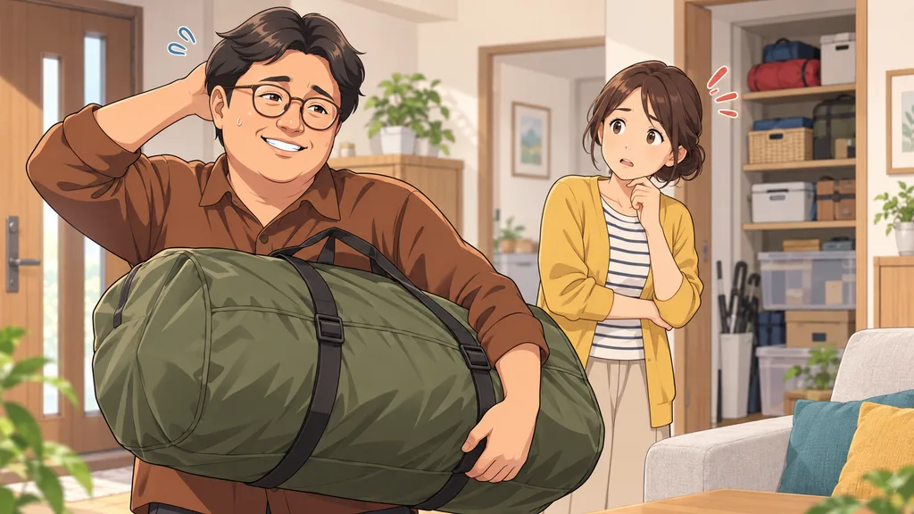 大きなテントを突然持ち帰り妻の反応に困るキャンプ好きの父