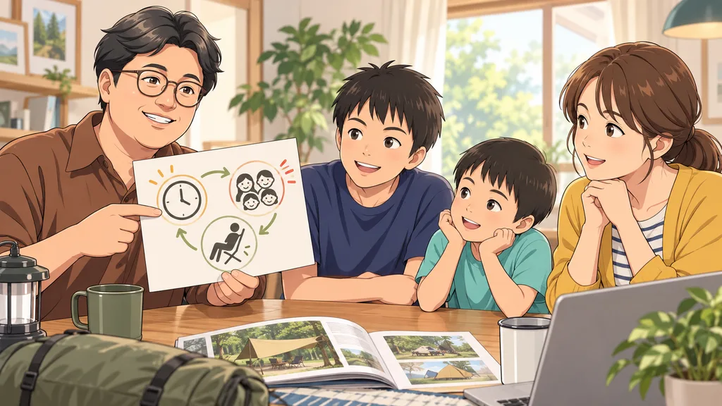 キャンプギアで家族の負担がどう減るかを妻に説明する父