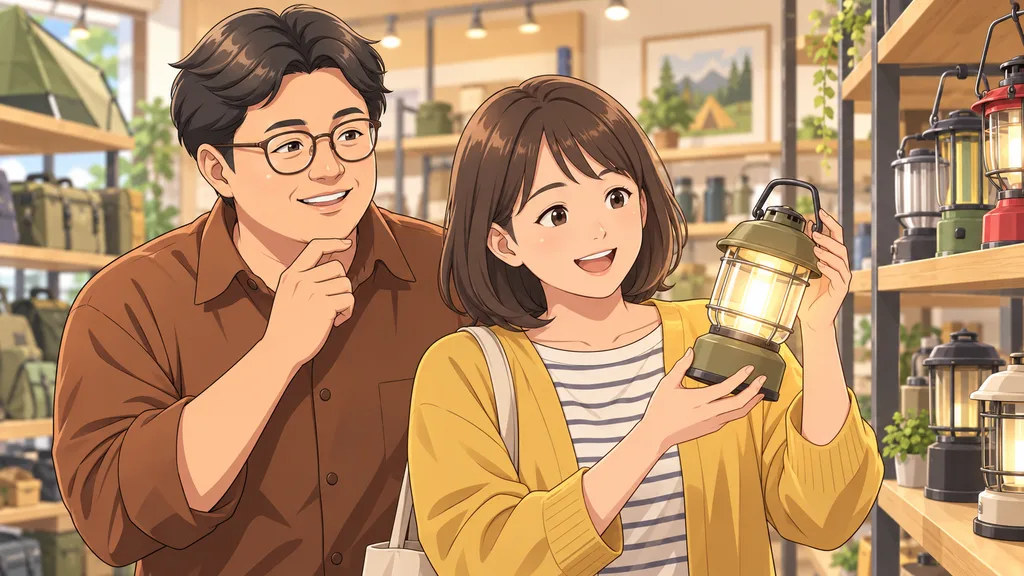 妻の好みに合うデザインのランタンを夫婦で選ぶ様子