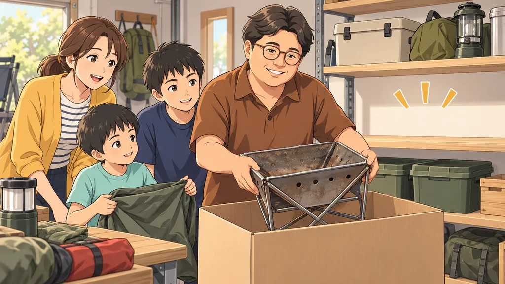 使わない焚き火台を手放しキャンプ道具の収納を整理する家族