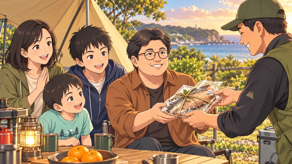 オレンジ村オートキャンプ場で魚のひものの差し入れを喜ぶ家族