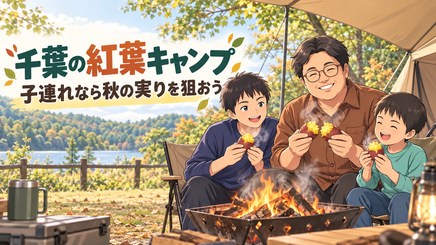 千葉の秋キャンプで父と息子2人が焚き火を囲み、焼き芋を楽しむイラスト