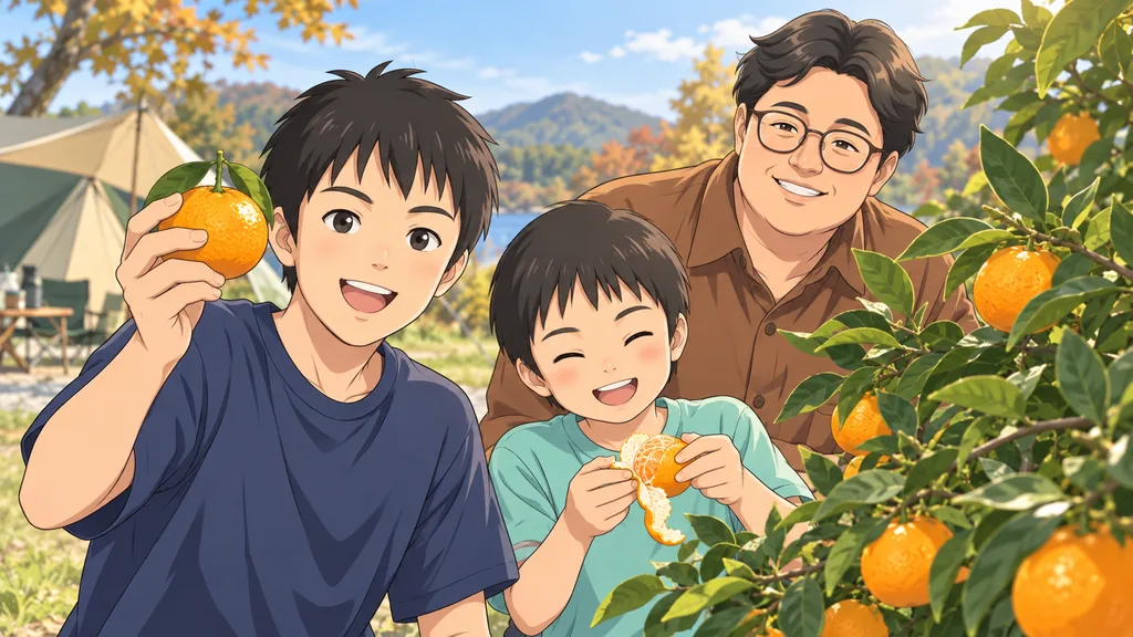 秋のみかん畑で、収穫したみかんを楽しむ父と息子2人