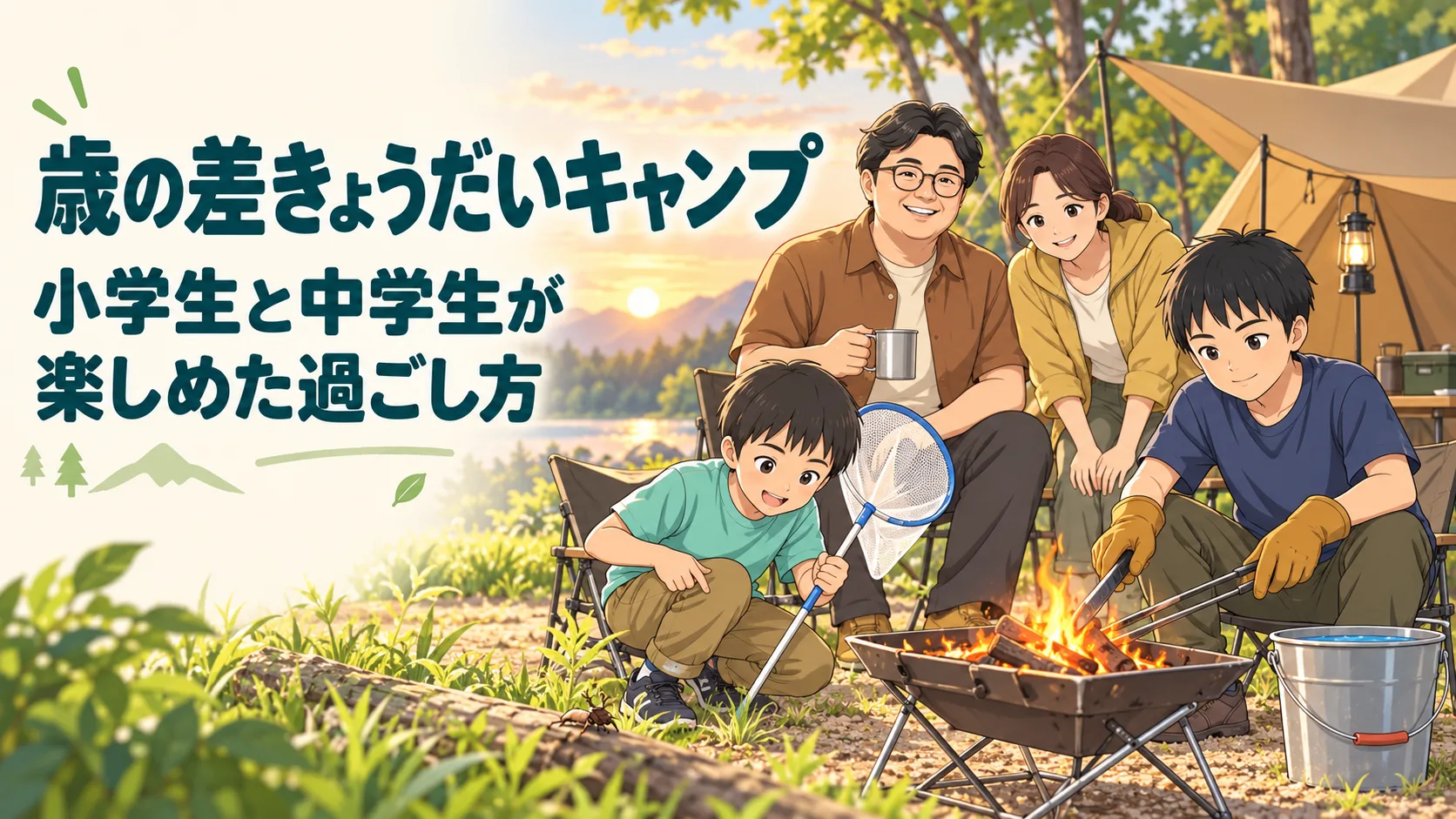 焚き火を担当する中学生の長男と虫捕りを楽しむ小学生の次男がいる歳の差きょうだいキャンプ