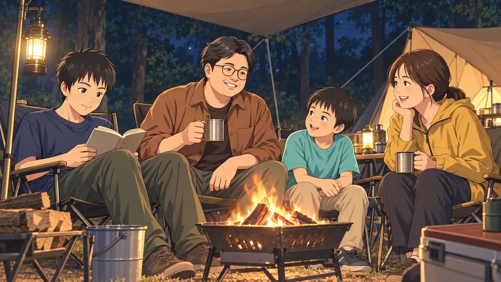 夜のキャンプで団らんする家族のそばで読書を楽しむ中学生の長男
