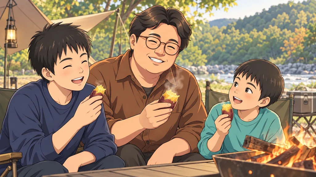 焚き火のそばで、とろとろの焼き芋を父と息子2人で分けて食べる様子