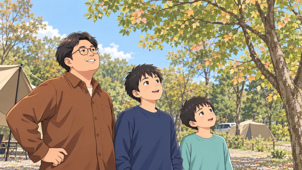 色づきが控えめな千葉のキャンプ場で、木々を見上げる父と息子2人