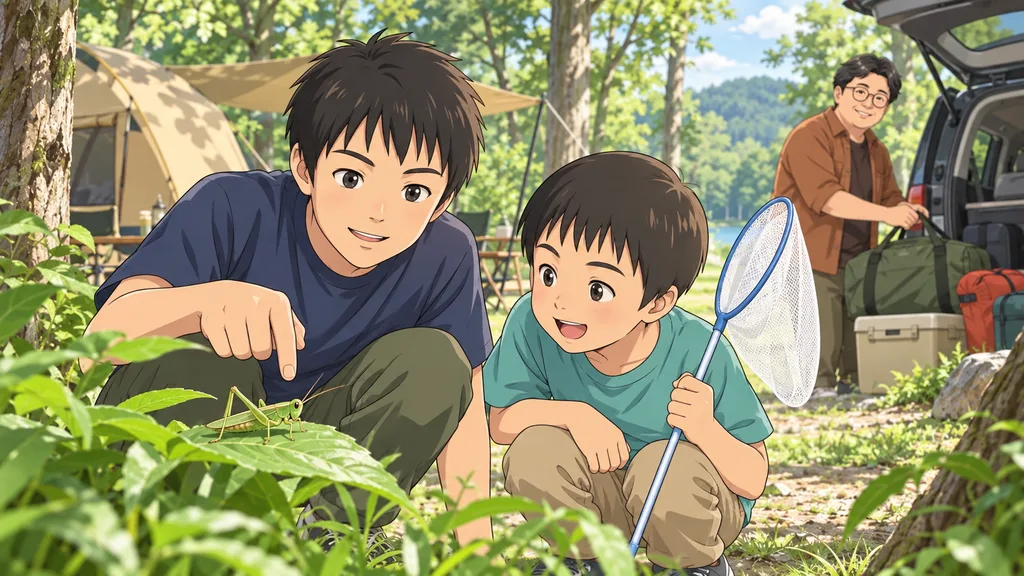 キャンプ場で一緒に虫を探す中学生の兄と小学生の弟、その間に荷物を整理する父