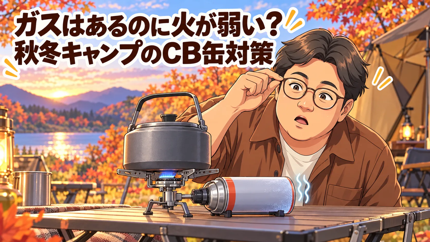 のキャンプでCB缶の火力が弱くなり、バーナーを見つめる父