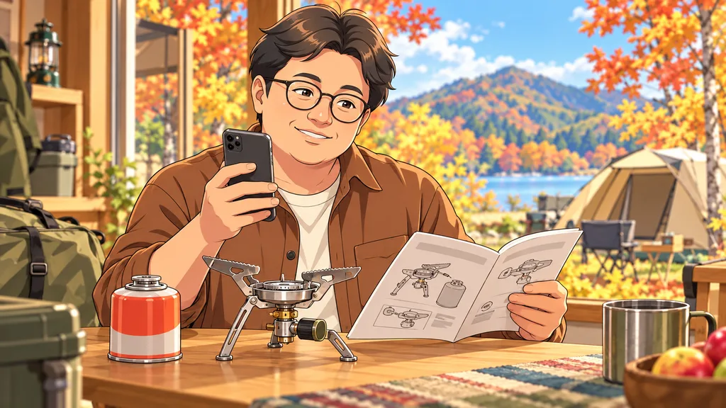 最低気温とバーナーの説明書を確認して予備のカセットガスを準備する父