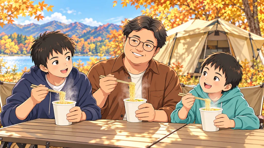 秋のキャンプの朝、父と息子たちが温かいカップ麺を食べる様子