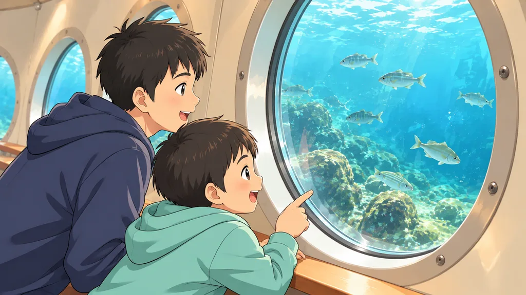 海中展望施設の窓から魚を眺める兄弟のイラスト