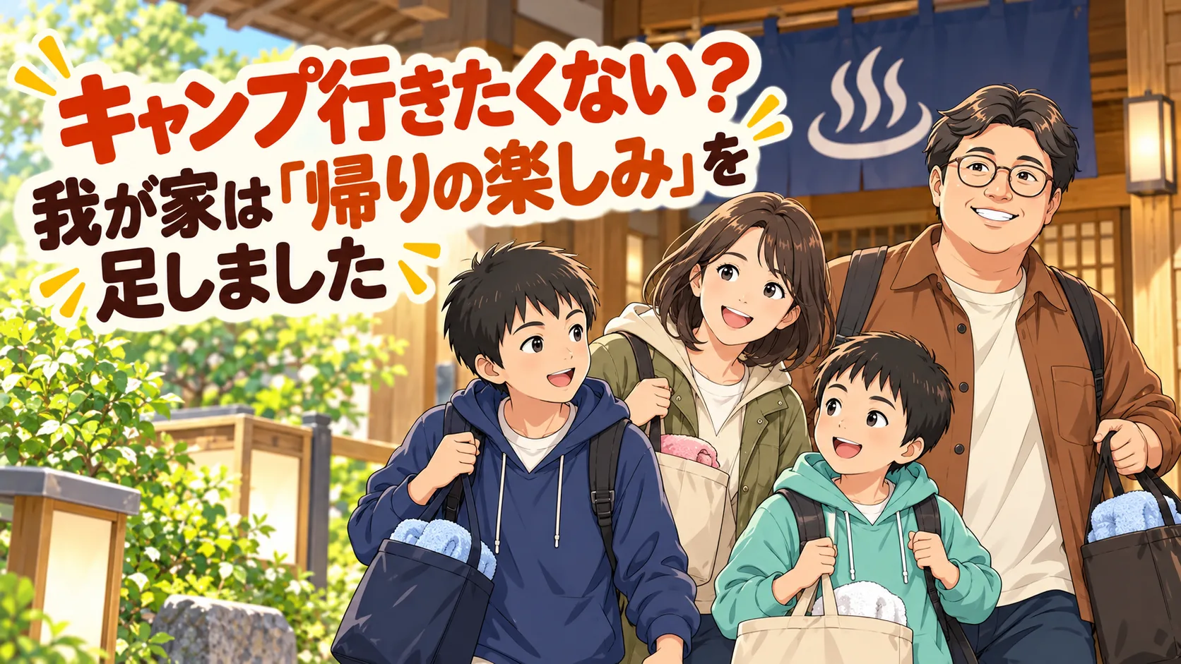 キャンプ帰りに日帰り温泉へ立ち寄る家族4人のイラスト