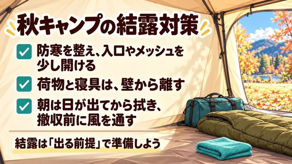 秋キャンプの結露対策として、少し換気する、荷物と寝具を壁から離す、朝に拭いて風を通す3つのポイントをまとめた画像。