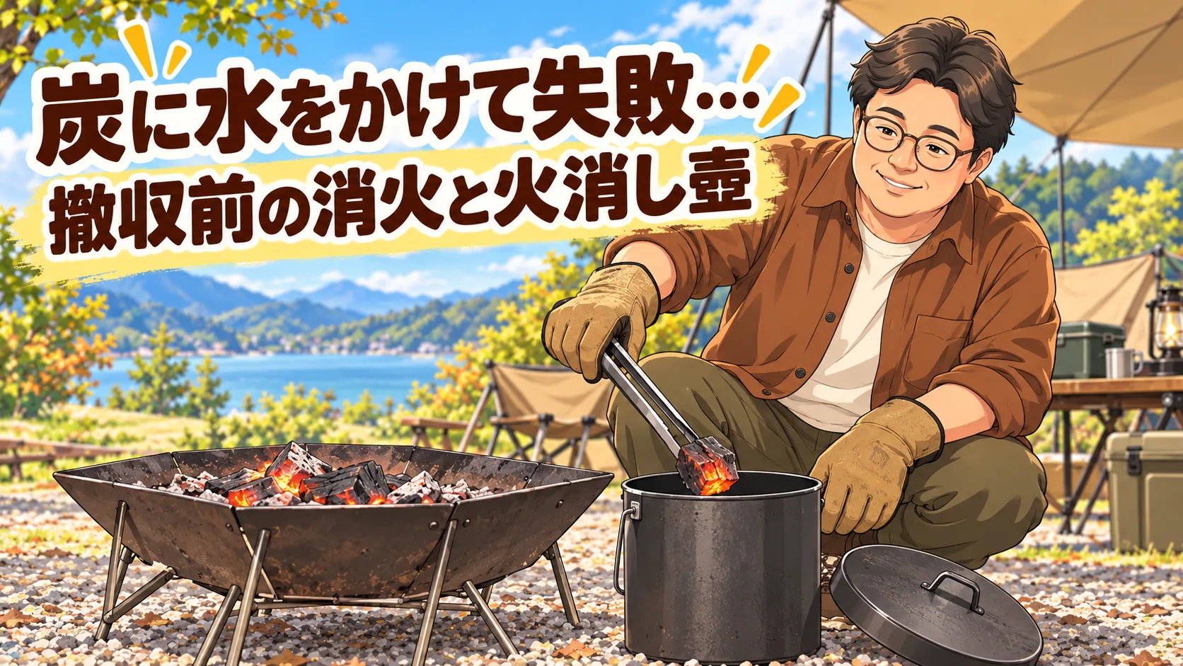トングで燃え残った炭を火消し壺へ移す父親