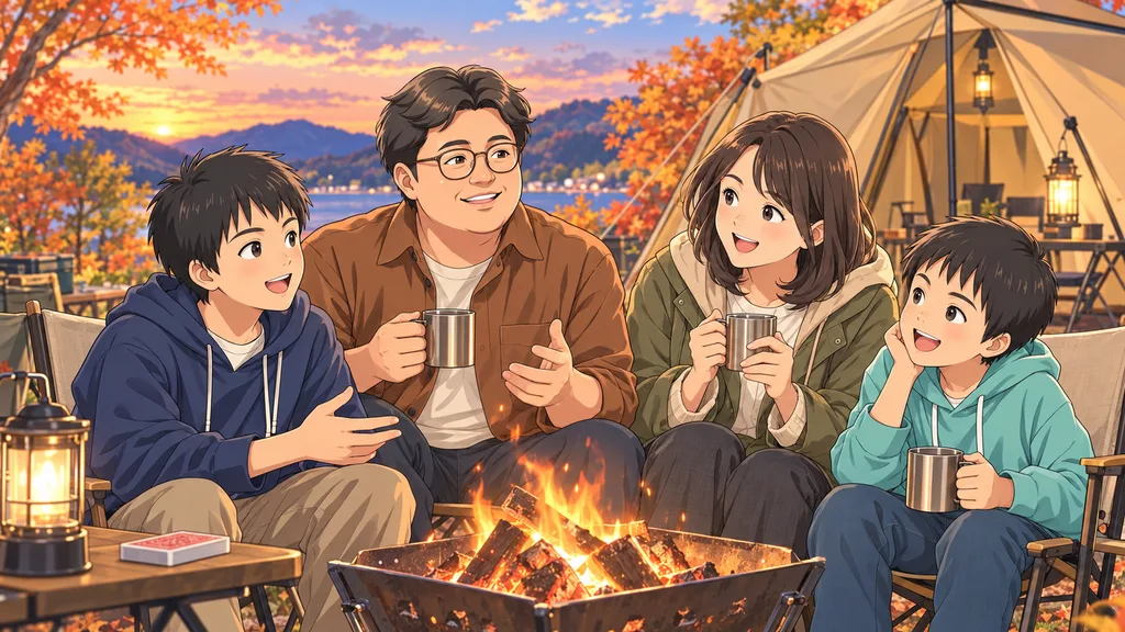 秋の夕暮れに焚き火を囲んでいつも通り過ごす4人家族