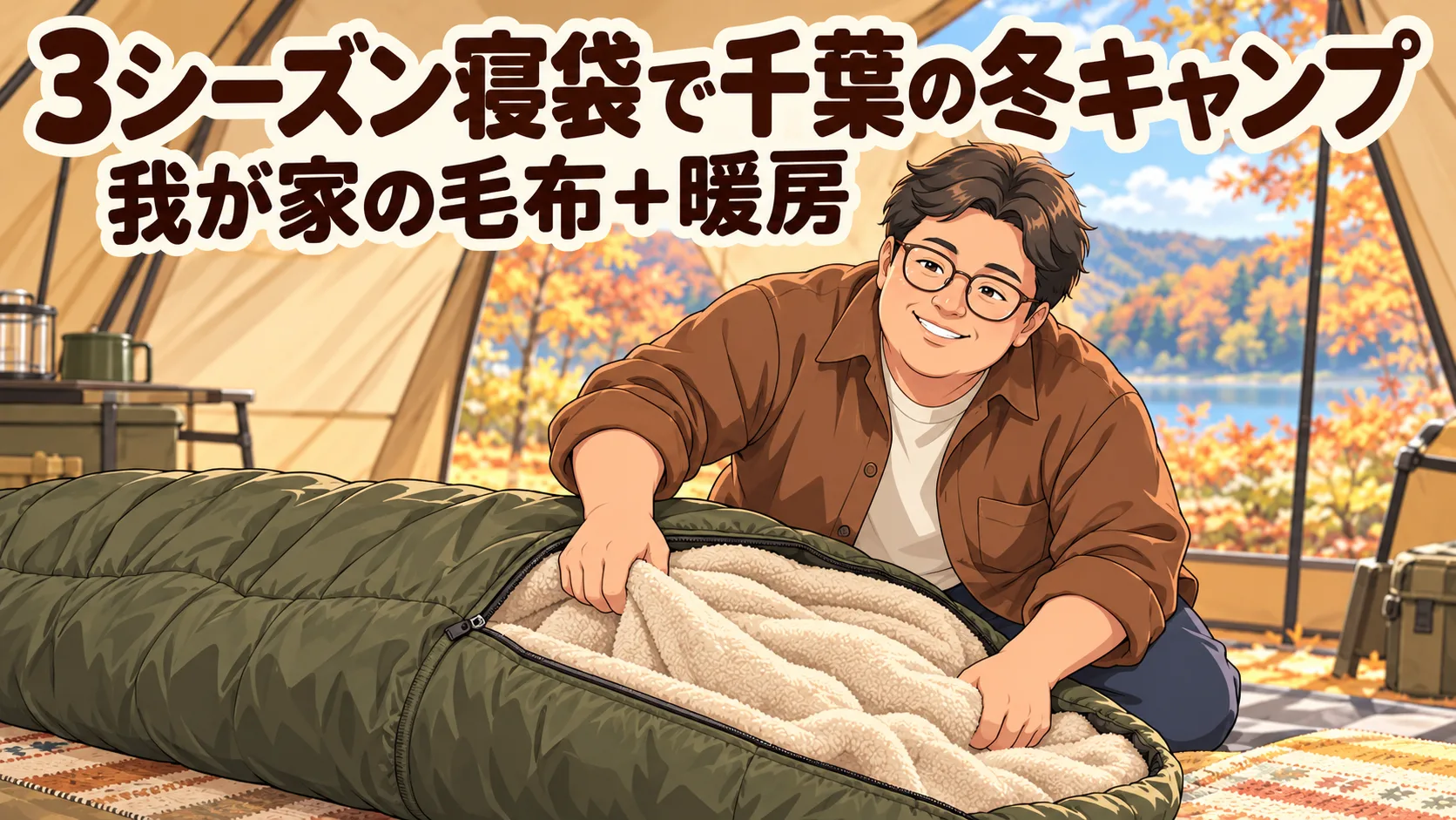 テントで3シーズン寝袋に毛布を合わせて寝床を準備する父親