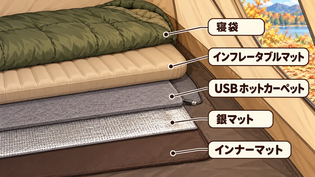 下からインナーマット、銀マット、USBホットカーペット、インフレータブルマット、寝袋の順に重ねた寝床