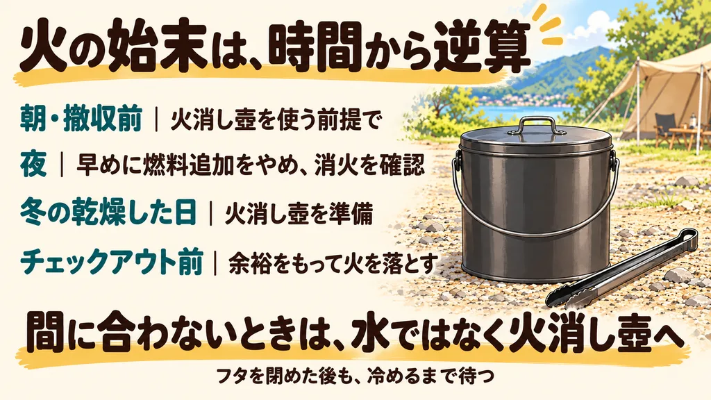 朝・夜・冬・撤収前の火の始末と、時間が足りないときは火消し壺を使うポイントのまとめ